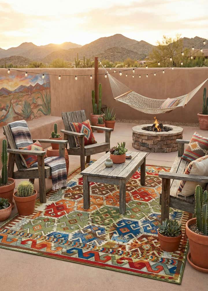 5' 3 x 8' Easy-Clean Southwestern Indoor / Outdoor Rug