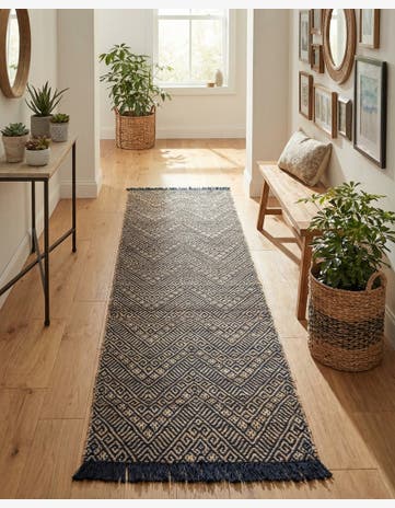 Navy Blue and White Handmade Braided Jute Runner Rug