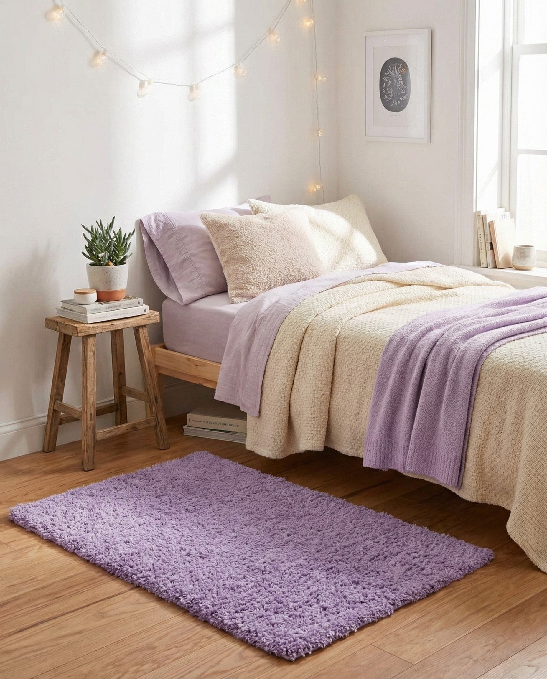 A 2x3 rectangular shag rug in a vibrant purple hue, showcasing its plush, textured pile.