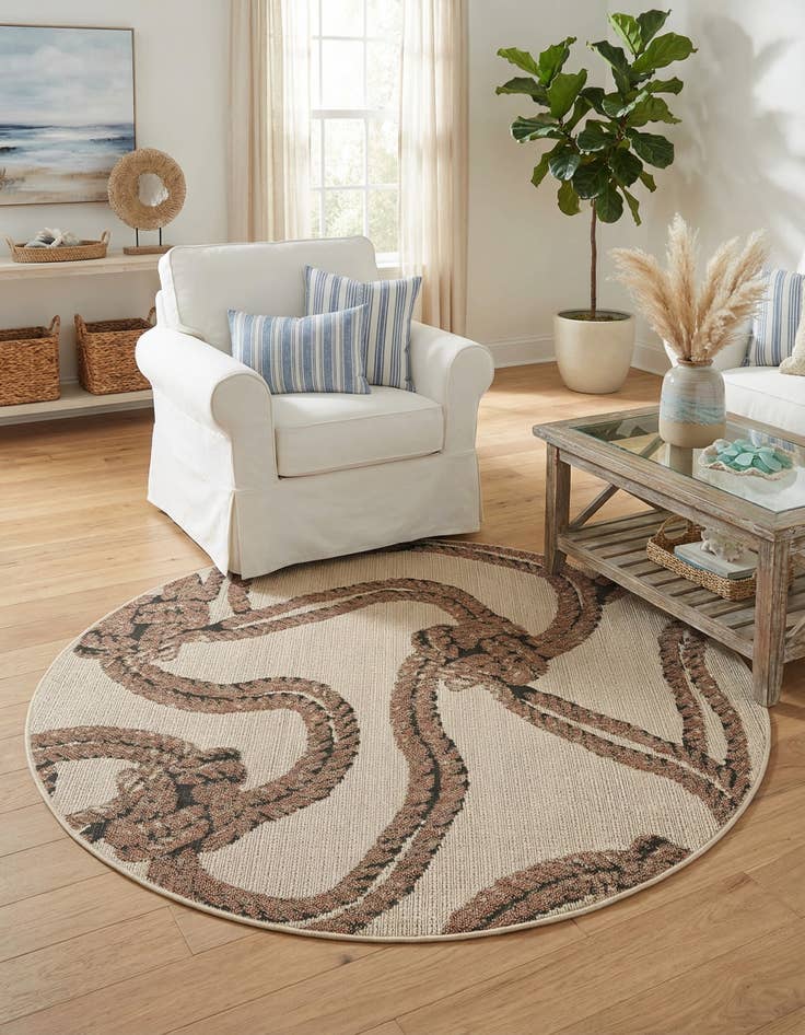 Detail image of 5' x 5'  Washable Coastal Indoor / Outdoor Round Rug