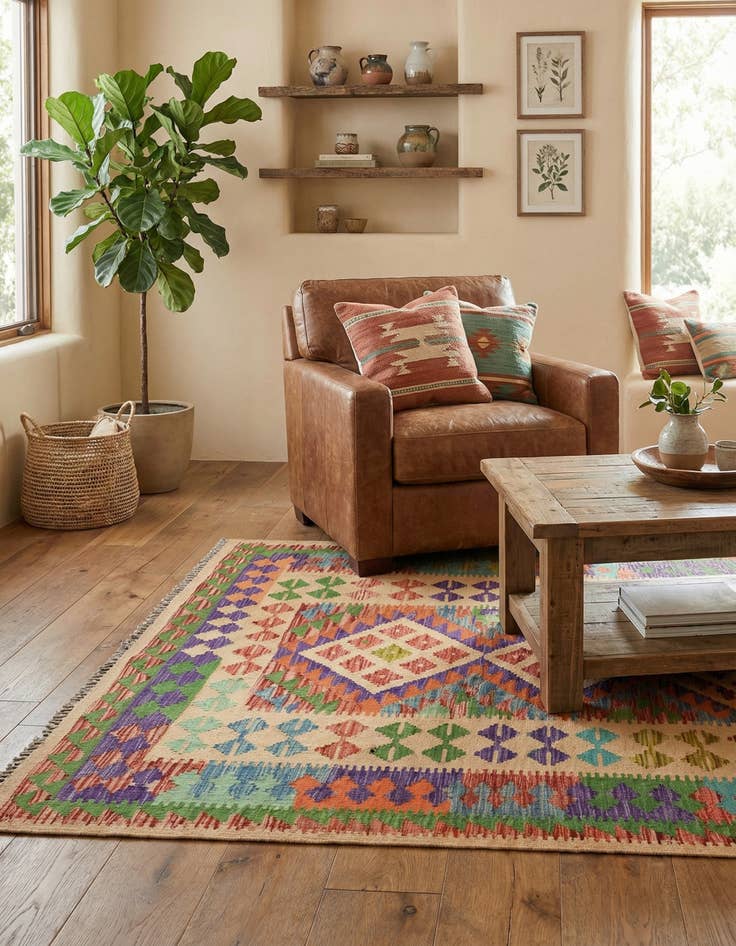 Detail image of  3' 8 x 6' 8  Hand Woven Kilim Maymana Wool Rug