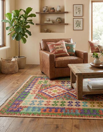 3' 8 x 6' 8 Hand Woven Kilim Maymana Wool Rug