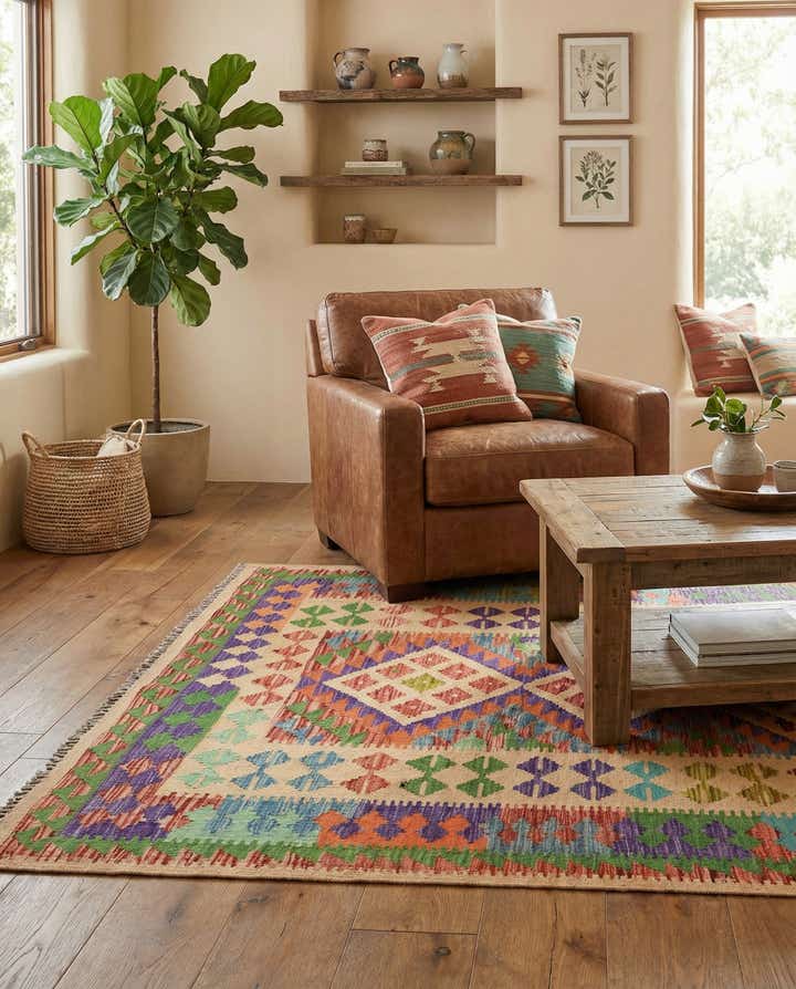 3' 8 x 6' 8 Hand Woven Kilim Maymana Wool Rug