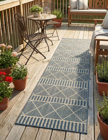Blue Easy-Clean Lattice Indoor / Outdoor Runner Rug