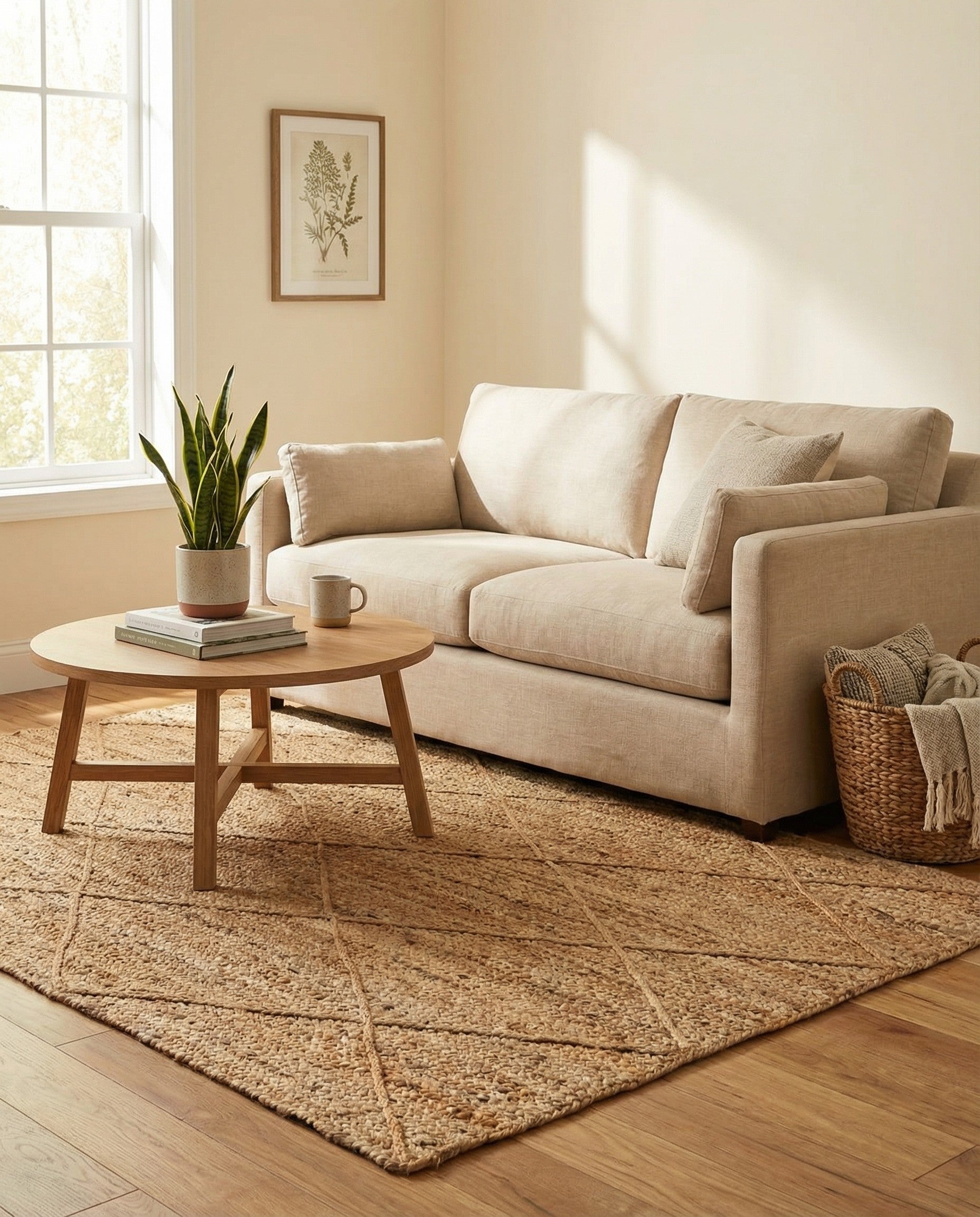 A 4x6 rectangular braided jute rug in natural brown and tan tones with a subtle diamond pattern, perfect for a living room.