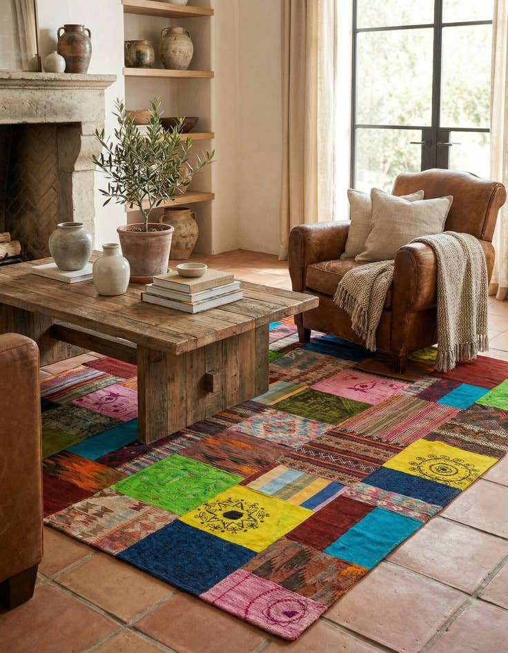 Detail image of  7' x 9' 10  Hand Woven Kilim Patchwork Wool Rug