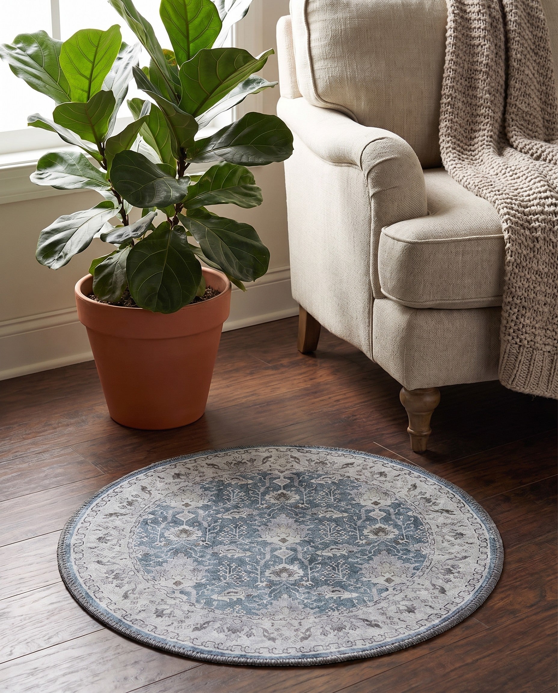 Teal blue Washable Timeless Round Rug