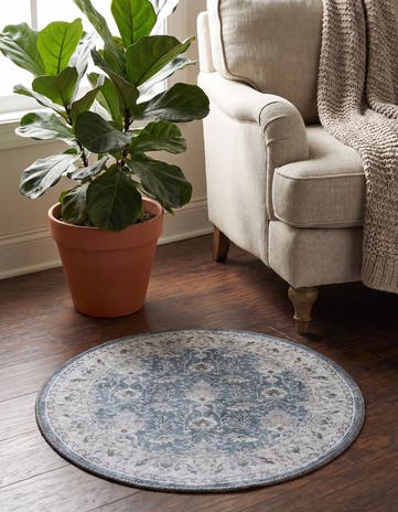 Teal blue Washable Timeless Round Rug