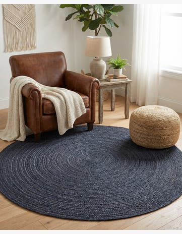 Navy Blue Handmade Braided Jute Round Rug