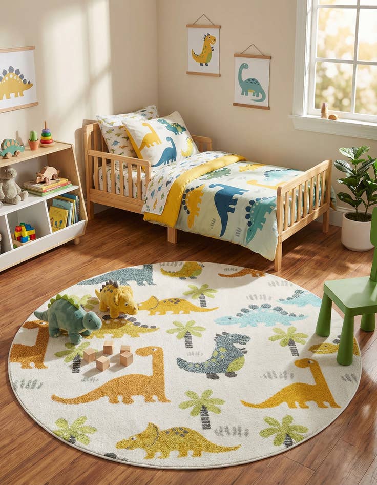 Detail image of 5' 1 x 5' 1 Dinosaur Whimsy Kids Round Rug