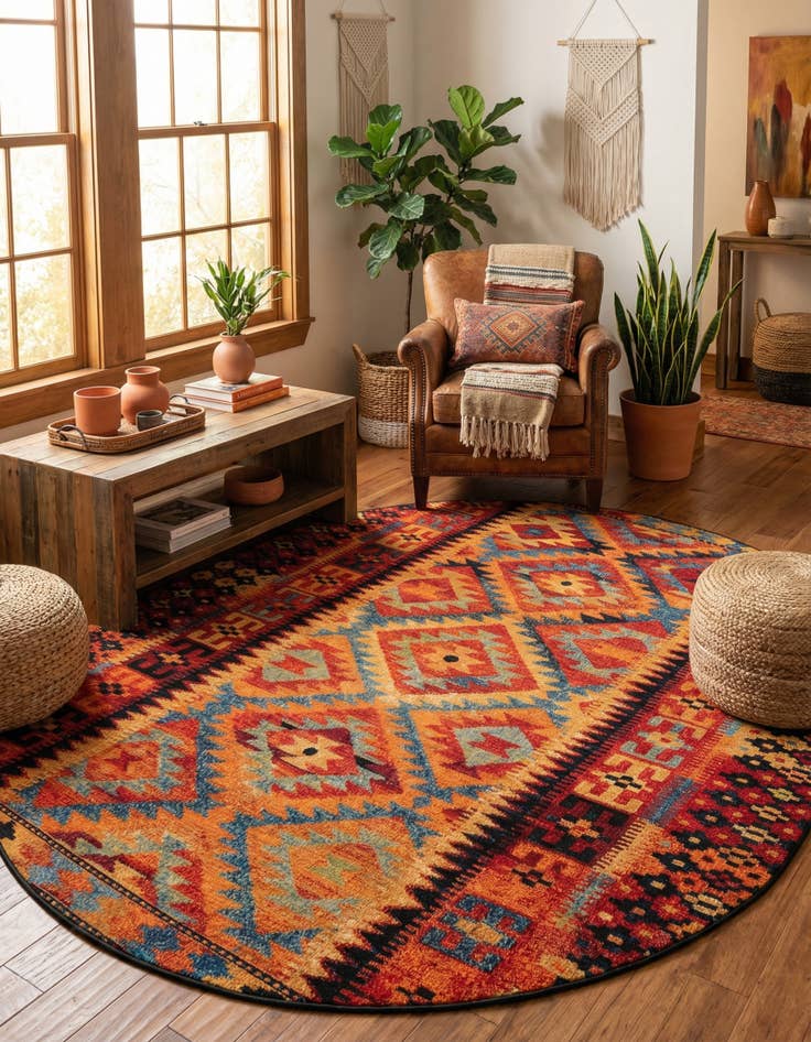 Detail image of 7' 10 x 10' Easy-Clean Tribal Indoor / Outdoor Oval Rug