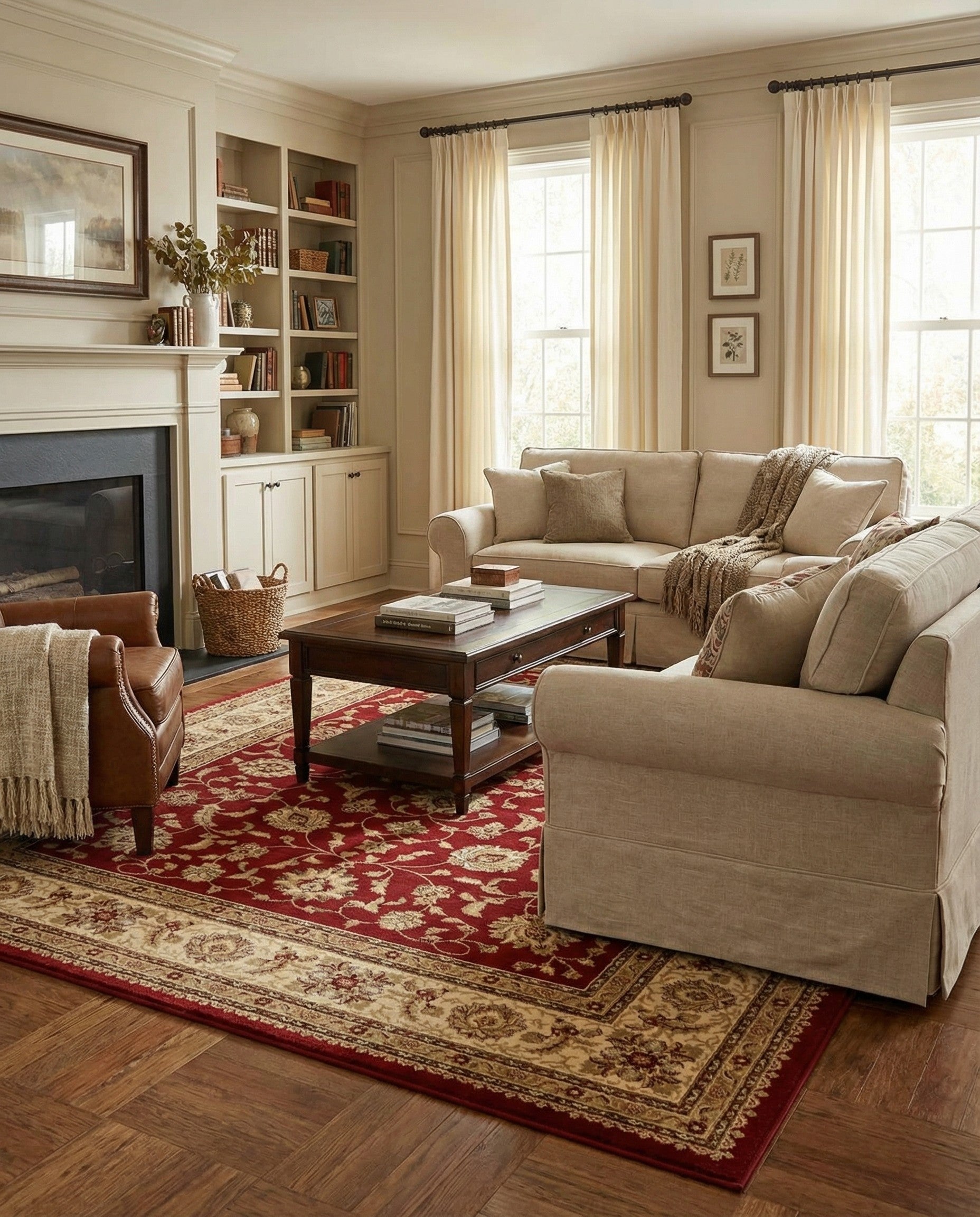 A 9x12 rectangular Aditi rug featuring a rich red field with intricate gold and beige traditional floral and oriental patterns, bordered by a wide cream and gold floral design.