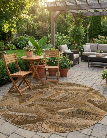 Brown and Beige Easy-Clean Botanical Indoor / Outdoor Round Rug
