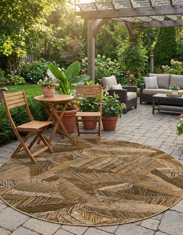Brown and Beige Easy-Clean Botanical Indoor / Outdoor Round Rug