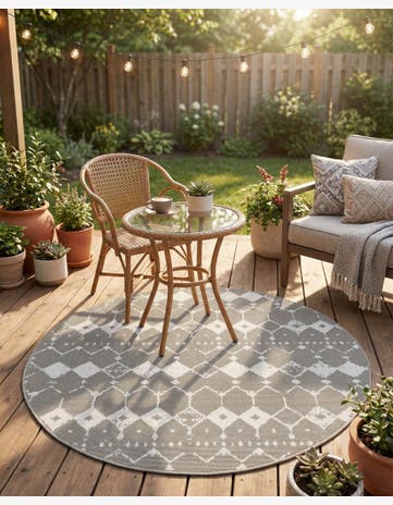Gray Easy-Clean Lattice Indoor / Outdoor Round Rug
