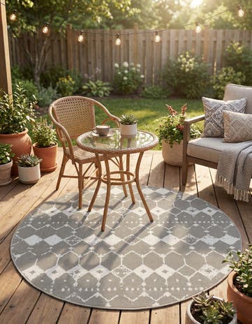 Gray Easy-Clean Lattice Indoor / Outdoor Round Rug