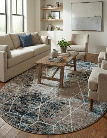 Blue Multi Lattice Frieze Oval Rug