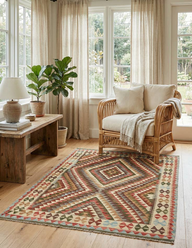 Detail image of 4' 1 x 5' 10  Hand Woven Kilim Maymana Wool Rug