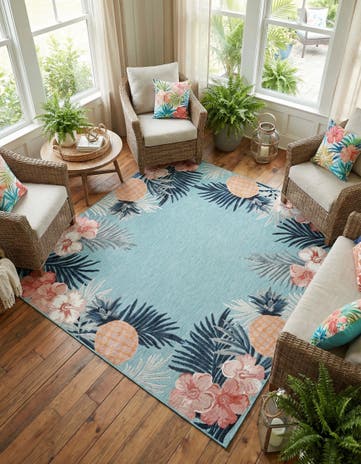 Blue Easy-Clean Botanical Indoor / Outdoor Square Rug