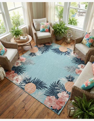 Blue Easy-Clean Botanical Indoor / Outdoor Square Rug