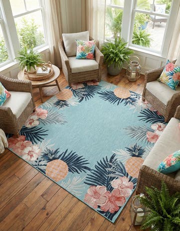Blue Easy-Clean Botanical Indoor / Outdoor Square Rug