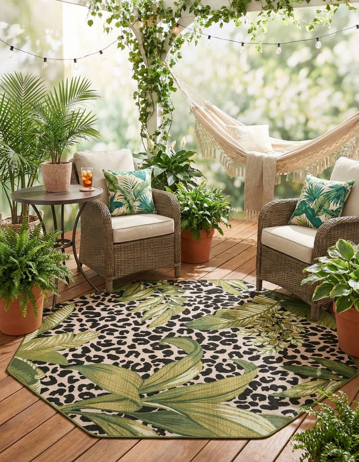 Detail image of  5' 3 x 5' 3  Washable Botanical Indoor / Outdoor Octagon Rug