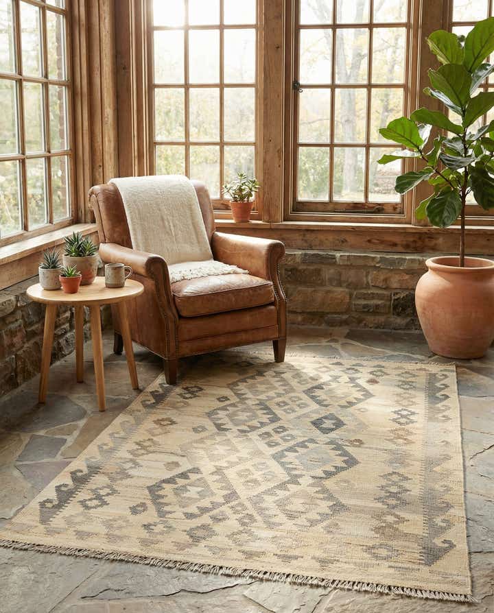 3' 5 x 4' 11 Hand Woven Kilim Maymana Wool Rug