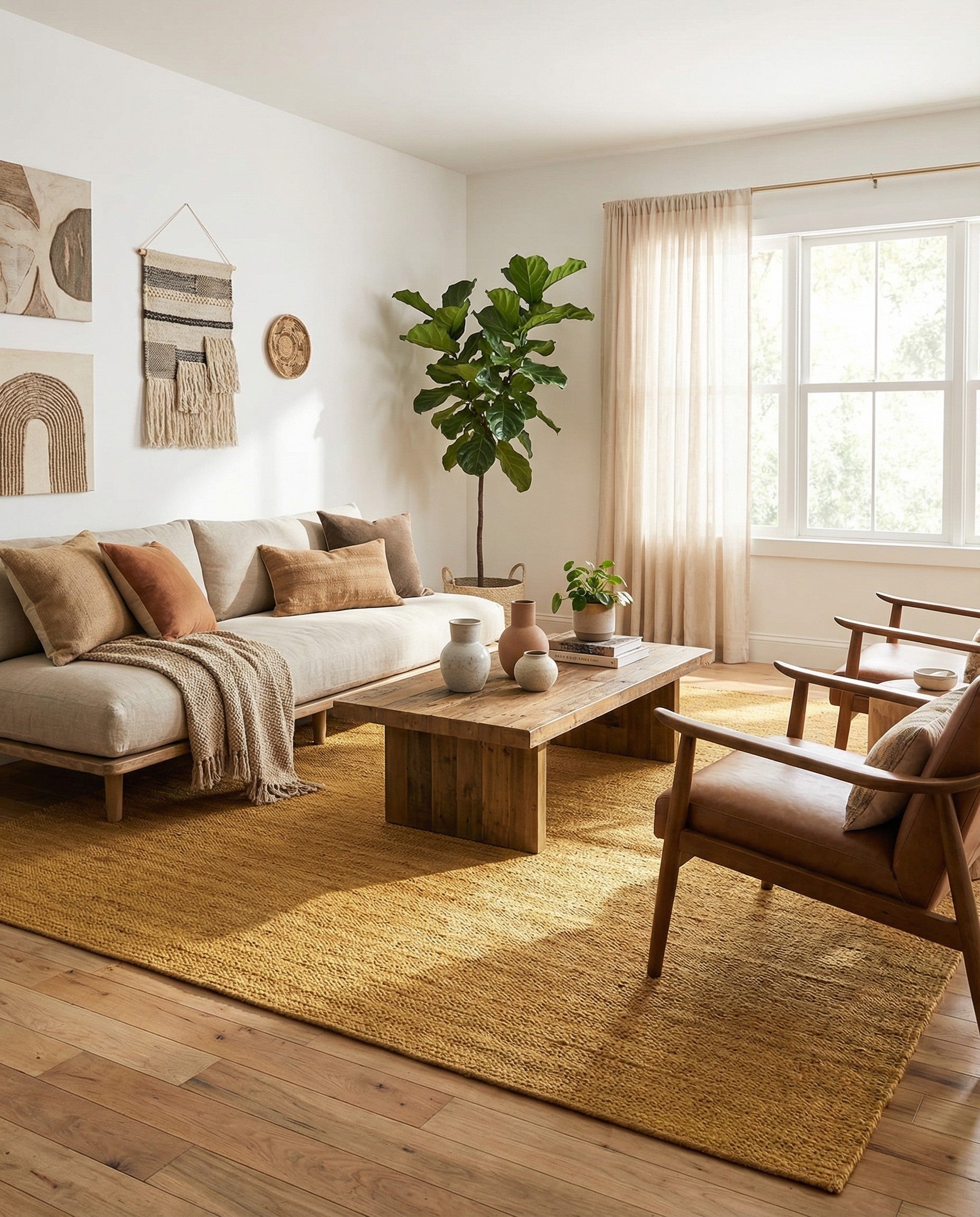 A 10x14 rectangular yellow jute area rug with a textured, solid flatweave pattern, perfect for a living room.