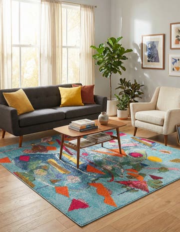 Aqua Washable Vivid Square Rug