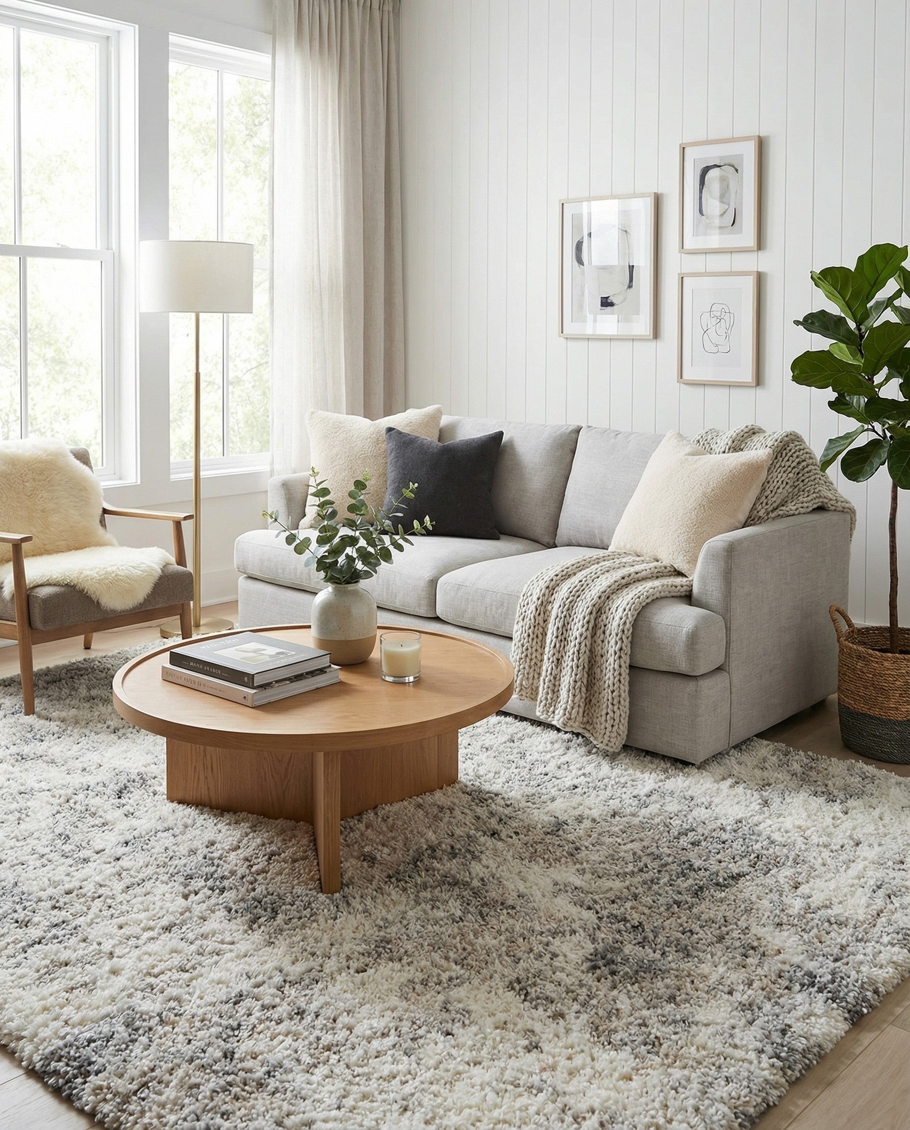 A square 7' 10 x 7' 10 Soft Touch Shag rug in varying shades of gray and silver, featuring a modern, abstract pattern.