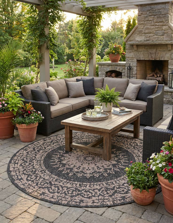 Detail image of 10' x 10' Easy-Clean Traditional Indoor / Outdoor Round Rug