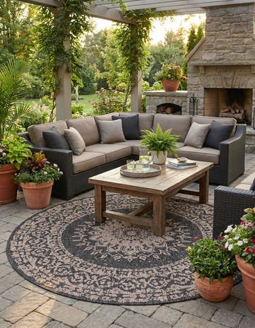 Black Easy-Clean Traditional Indoor / Outdoor Round Rug