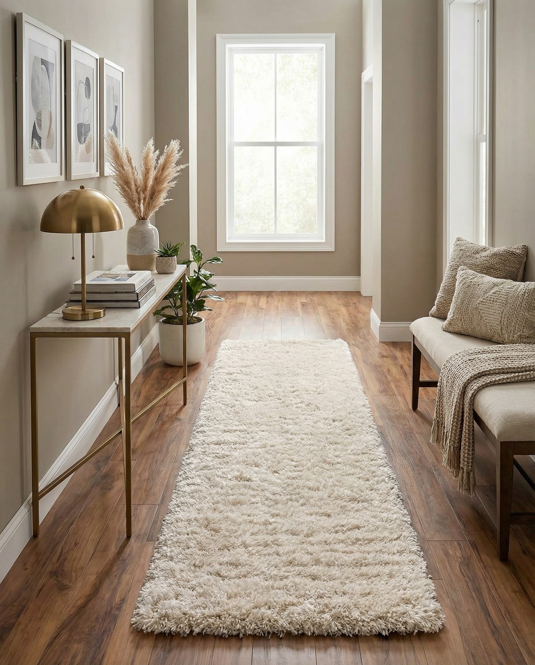 A 10 ft runner rug in a solid ivory and cream shag texture, perfect for a hallway.