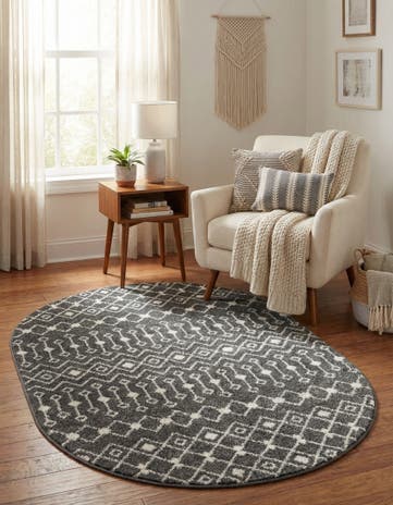 Dark Gray Moroccan Trellis Oval Rug