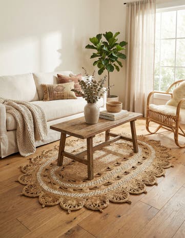 Natural and White Handmade Braided Jute Oval Rug