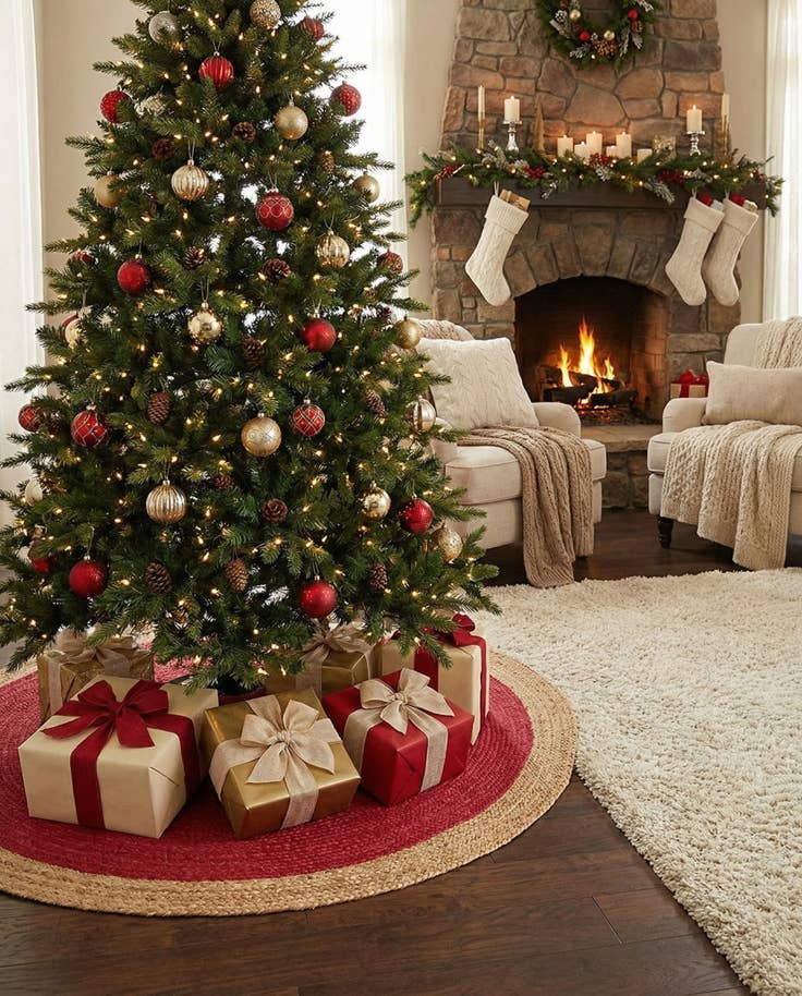 Detail image of 4' 1 x 4' 1 Hand Braided Christmas Tree Skirt