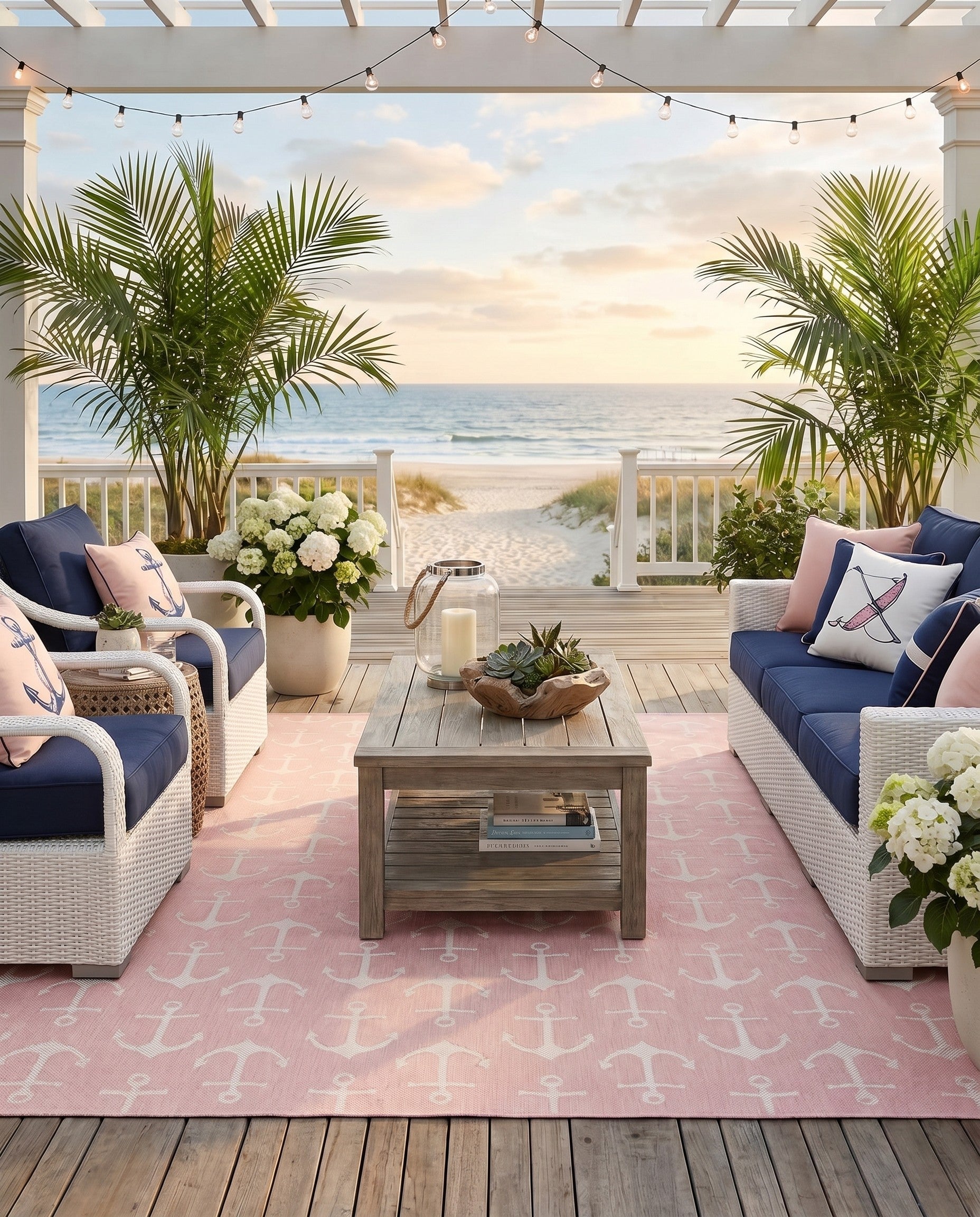 Pink Easy-Clean Coastal Indoor / Outdoor Square Rug