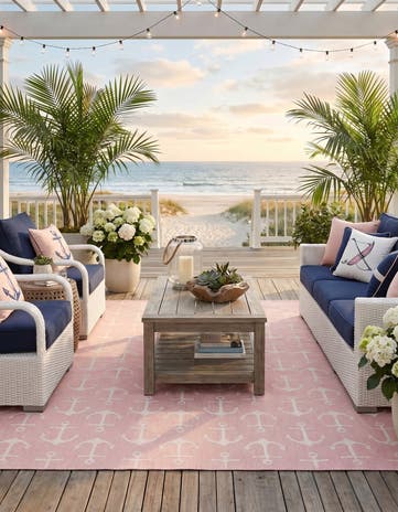 Pink Easy-Clean Coastal Indoor / Outdoor Square Rug
