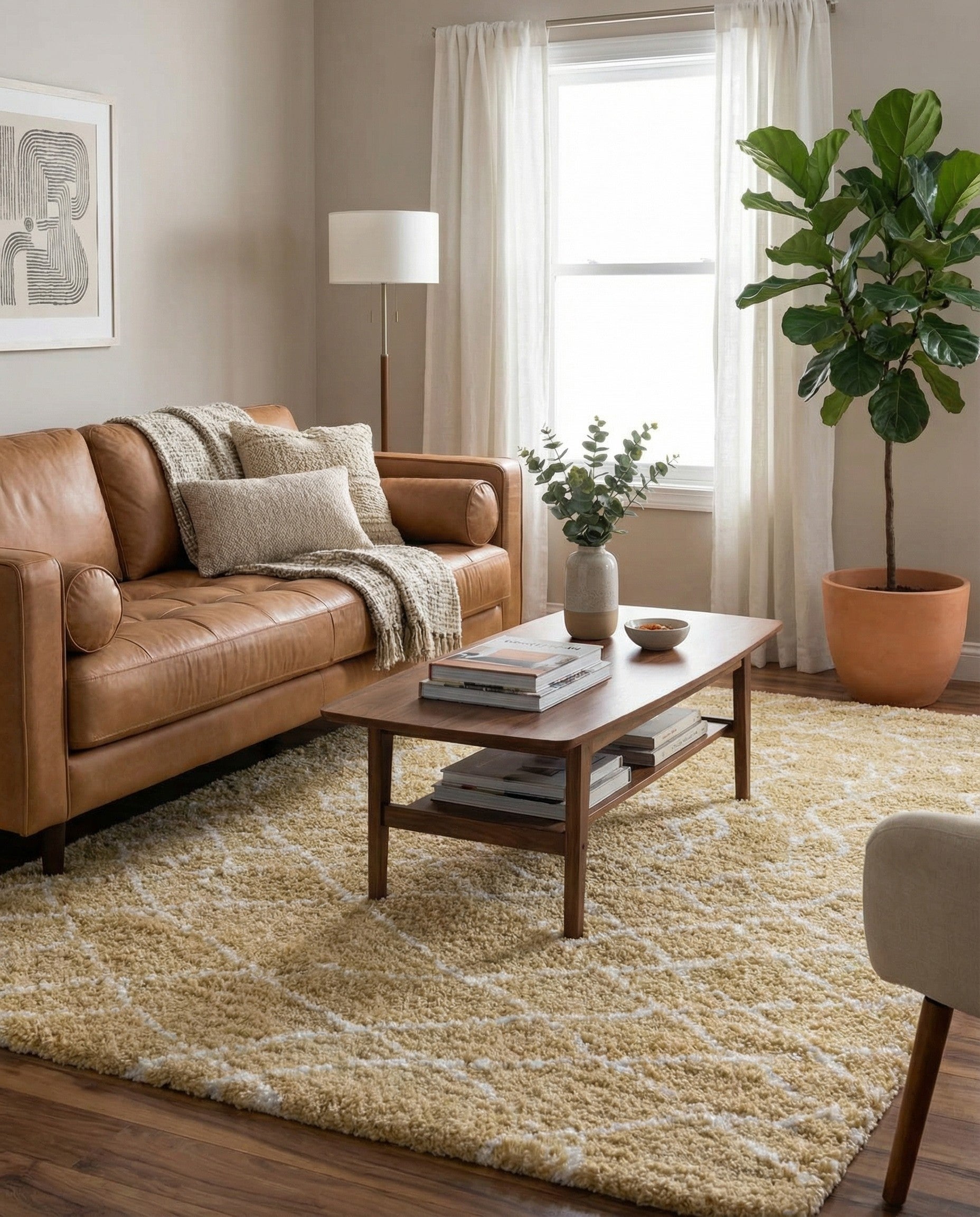 A 9x12 rectangular yellow shag rug with a white Scandinavian tribal trellis pattern, ideal for a living room.