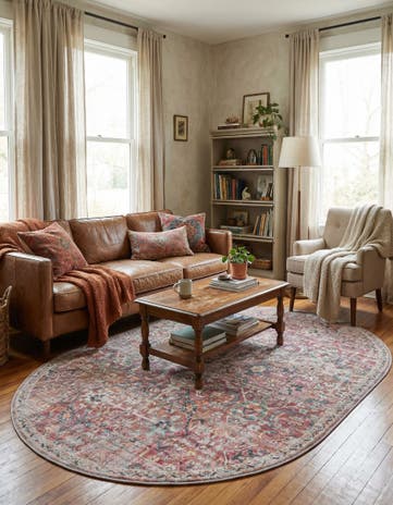 Ivory and Pink Washable Nostalgia Oval Rug