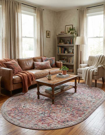 Ivory and Pink Washable Nostalgia Oval Rug