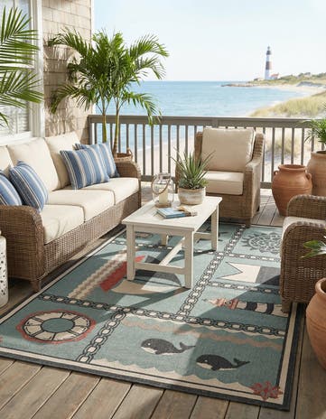Blue Easy-Clean Coastal Indoor / Outdoor Rug
