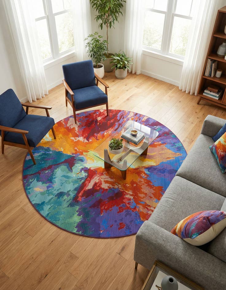 Detail image of  7' x 7'  Washable Modern Indoor / Outdoor Round Rug