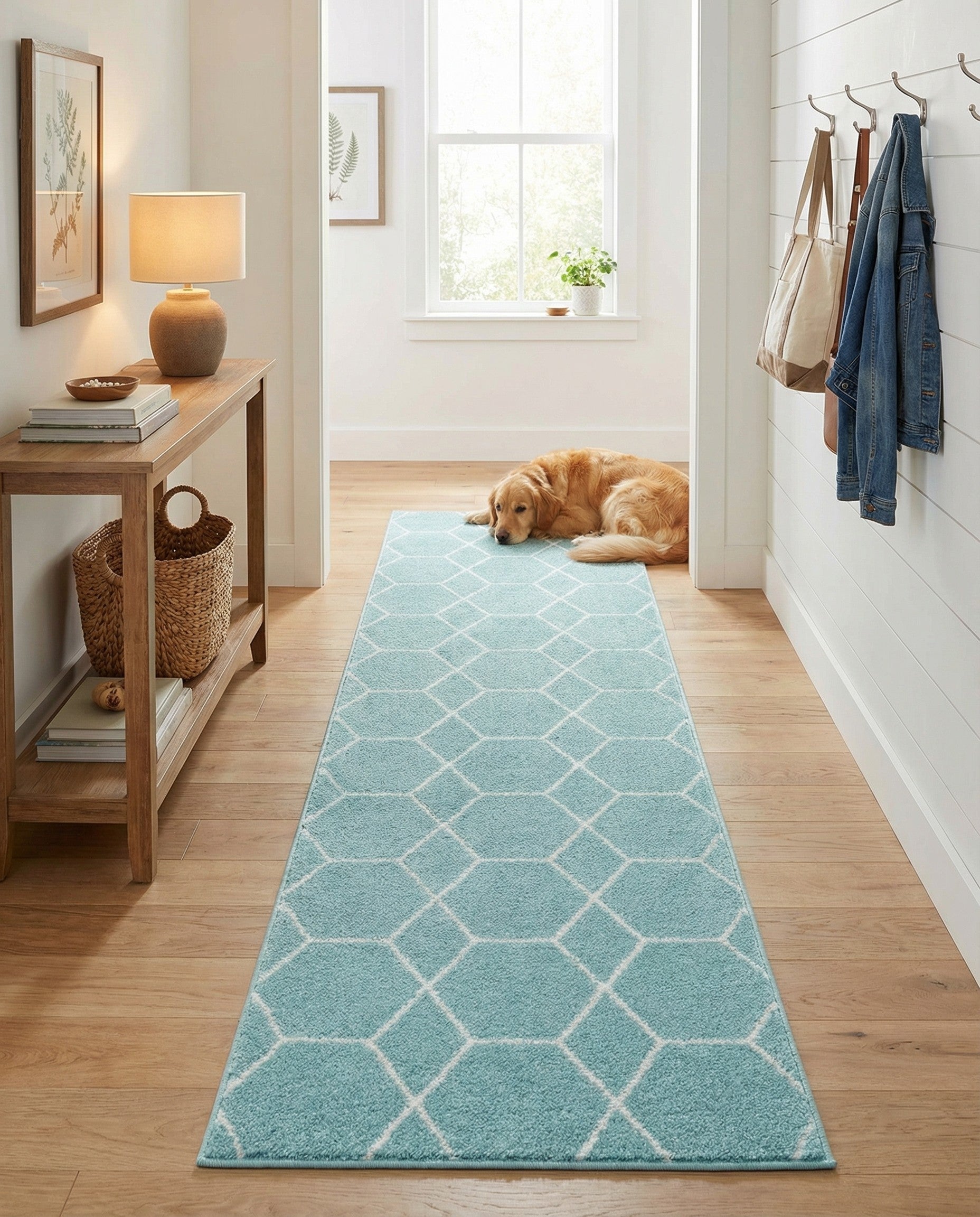 A 9 ft runner rug in light blue with a white modern trellis pattern, ideal for a hallway.