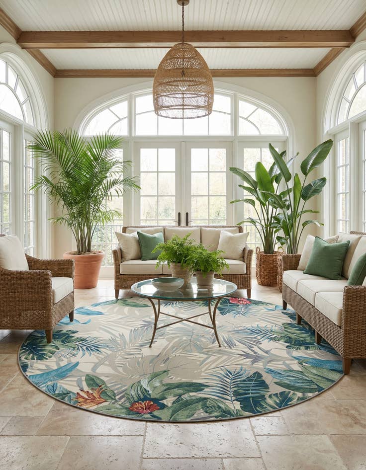 Detail image of 12' x 12'  Washable Botanical Indoor / Outdoor Round Rug