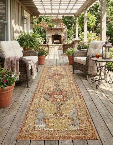 Blue and Light Brown Easy-Clean Traditional Indoor / Outdoor Runner Rug
