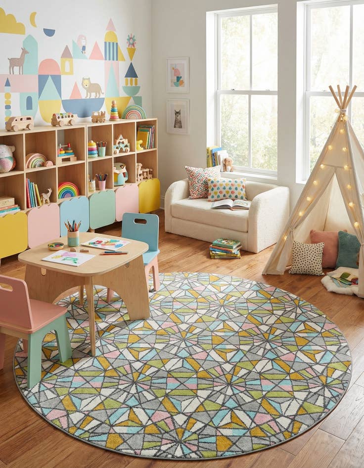 Detail image of 7' 10 x 7' 10 Stained Glass Whimsy Kids Round Rug