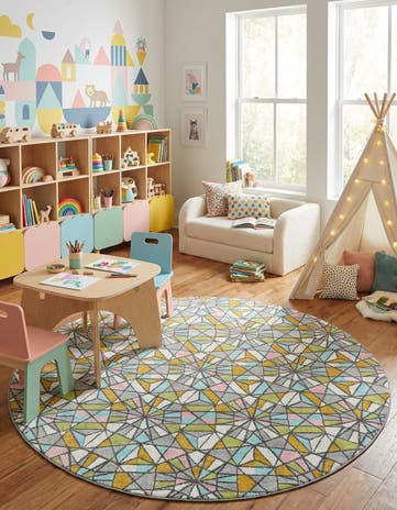 7' 10 x 7' 10 Stained Glass Whimsy Kids Round Rug