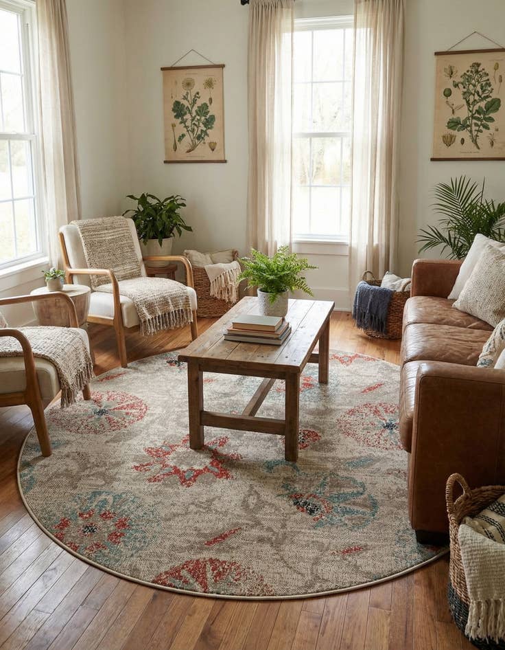 Detail image of 6' x 6' Easy-Clean Botanical Indoor / Outdoor Round Rug