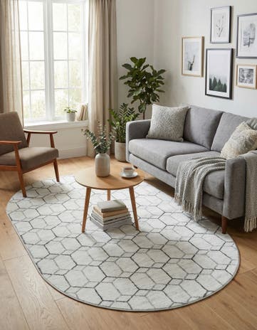 White Lattice Trellis Oval Rug